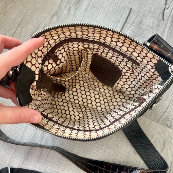 Brighton Go Go Crossbody Messenger Bag Black Brown Nylon Croc Embossed Leather - Picture 14 of 16